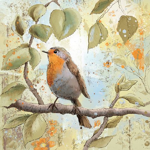 roodborstje op een tak omringd door groene bladeren