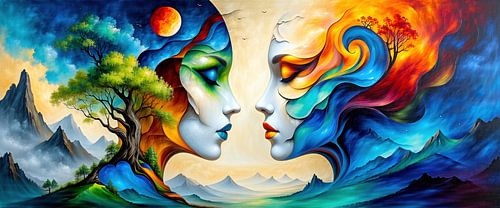 Surrealistische gezichten van vrouwen - De stille ontmoeting van twee zielen in harmonie van natuur en fantasie verenigd in surrealistische abstractie en harmonie