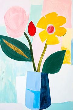 Natures mortes de fleurs colorées dans du verre bleu sur Poster Art Shop