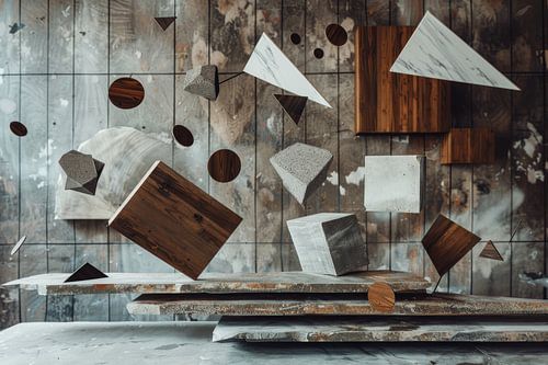 Modern surrealistisch stilleven van vliegende houten en betonnen objecten