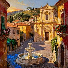 Romantisches Dorf – Brunnen im Abendlicht von Johannas Art Creations