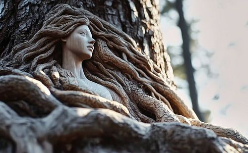 Houten sculptuur in het bos