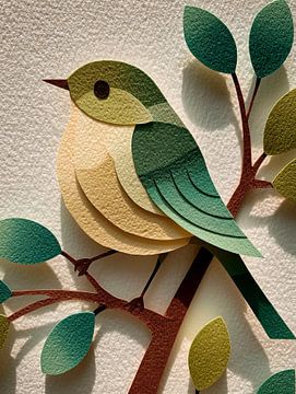 Bird on a branch – paper collage by Erika Kaisersot