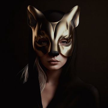 Vrouwenportret met kattenmasker van Vlindertuin Art