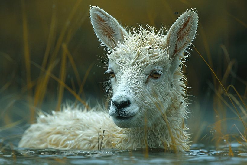 Sheep float peacefully in lake by Art & Soul Creations