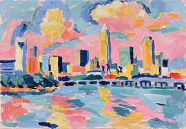 Farbenfrohe Skyline am Wasser in Pastell von Niklas Maximilian