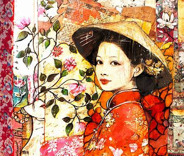 Chinees meisje met strohoed. Collage van Ineke de Rijk