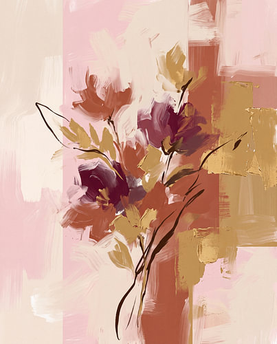 A modern, abstract floral display with golden accents
