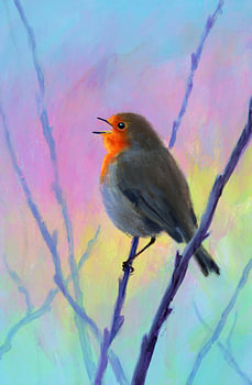 Een nieuwe dag - zingend roodborstje - acrylschilderij