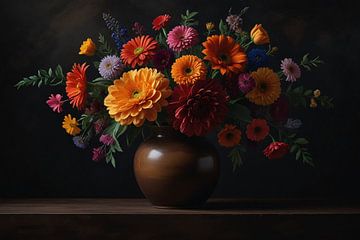 Braune Vase mit lebhaftem Blumenschmuck von De Muurdecoratie