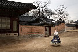 Hanbok meisje in het paleis van Seoel