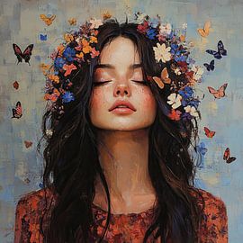 Closed Eyes Woman Flowers by Eye catching paintings