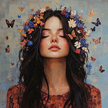 Closed Eyes Woman Flowers by Eye catching paintings