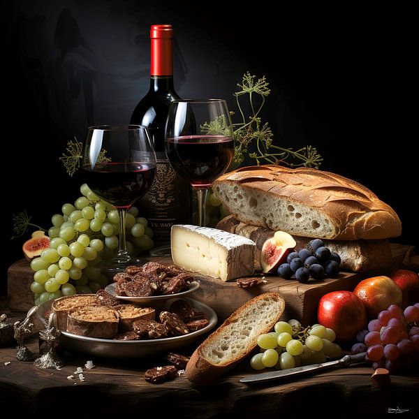 stilleven van wijn, kaas en brood von Gelissen Artworks