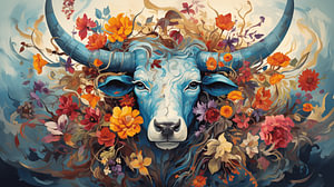majestätischer Stier mit lebendigen Blumen, die seine Hörner schmücken, Kunstdesign-Gemälde