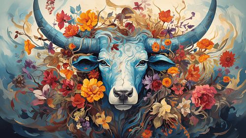 majestueuze stier met levendige bloemen op zijn hoorns, kunst design schilderij