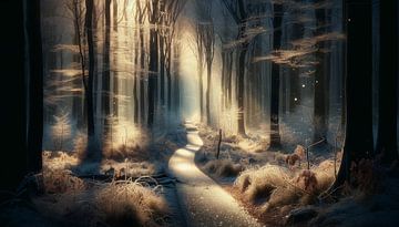 Winterlicht breekt door het mistige bomenpad van artefacti