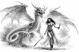 Dragon et guerrier en noir et blanc
