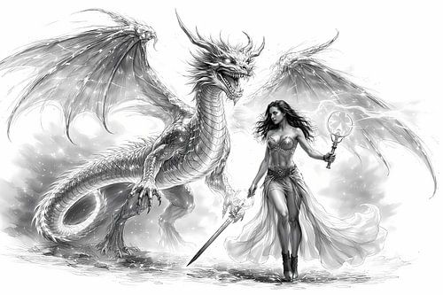 Drache und Krieger schwarz-weiß