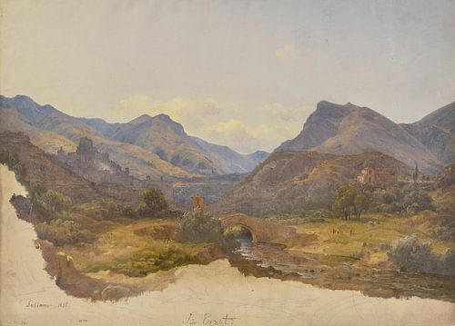 Uitzicht op Subiaco, een brug op de voorgrond, Carl Morgenstern