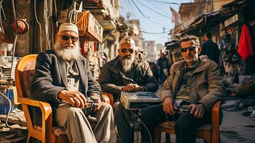 Analogue photo 90s in the street of City Afghanistan with three men by Animaflora PicsStock