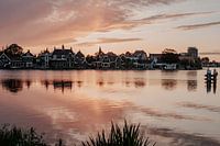 Historic waterfront cottages at sunset