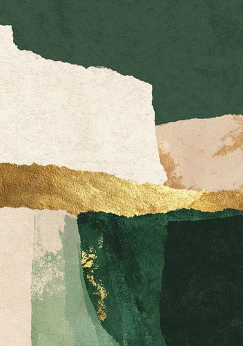Abstracte collage in groen, beige en goud