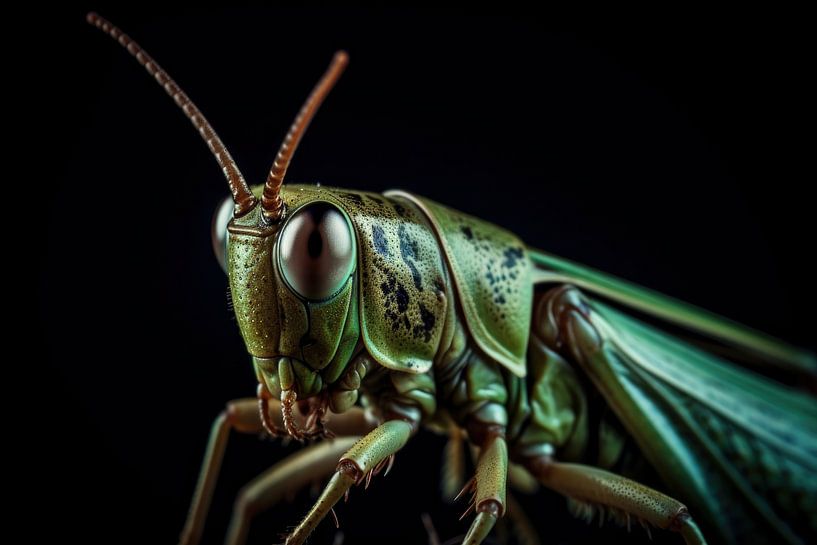 Grasshopper Portrait Black Background by Digitale Schilderijen
