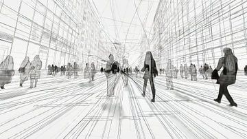 Levendige stadsstraat met abstracte architectuur van Frank Heinz
