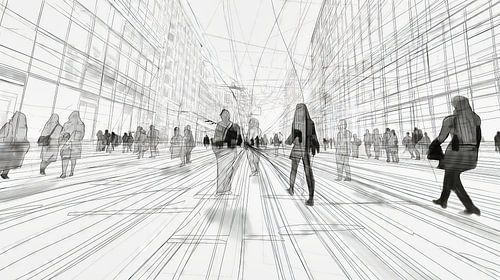 Levendige stadsstraat met abstracte architectuur