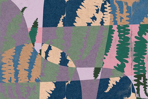 Moderne abstracte geometrische kunst met organische vormen. Varens in roze, blauw, groen