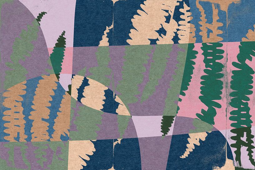 Modern abstract geometric art with organic shapes. Ferns in pink, blue, green by Dina Dankers