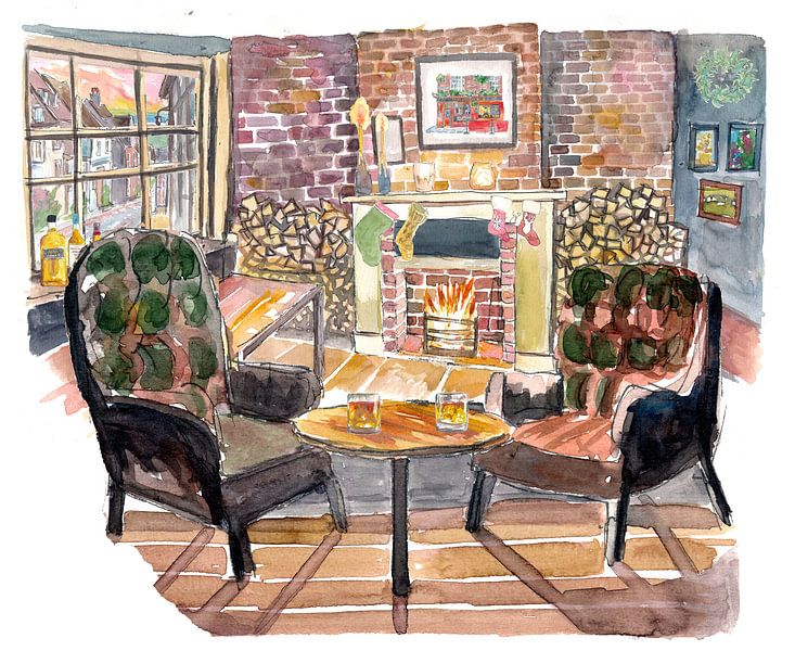 English Countryside Pub Fireplace and Street Scene by Markus Bleichner