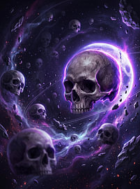 Cosmic Skulls Floating in Space Purple Nebula Eclipse Dark Sci-Fi Graphic Design by Riswan Ratta