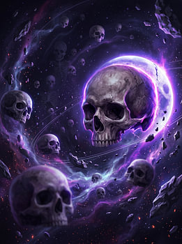 Crânes cosmiques flottant dans l'espace, nébuleuse violette, éclipse : graphisme de science-fiction sombre