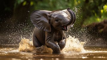 Speelse baby olifant spettert in het water van Lisa Bovenlander