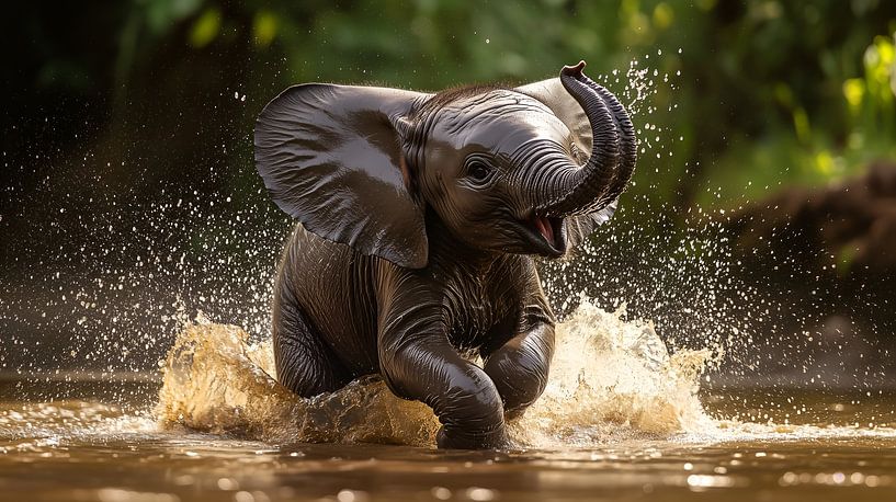 Playful Baby Elephant Splashing in Water by Lisa Bovenlander
