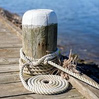Houten meerpaal met opgerolde bootstalling