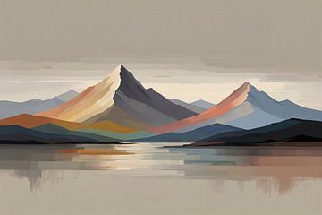 Paysage de montagne abstrait avec des nuances colorées sur De Muurdecoratie