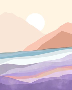 Serene Berglandschap in Pasteltinten, rustgevend kunstwerk voor een stijlvol interieur van Femke Bender