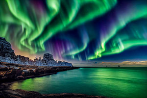 Nordlichter Aurora am Strand mit See