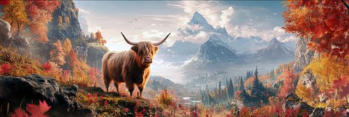 Kleurrijk herfstlandschap met een Schotse Hooglander