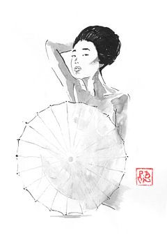 naakte geisha achter paraplu 02 van Péchane Sumie