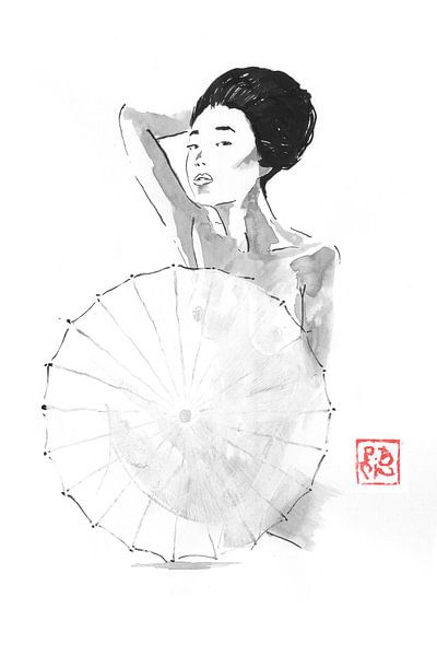 naakte geisha achter paraplu 02 van Péchane Sumie