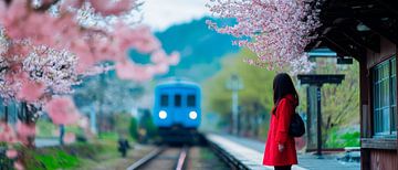 Vrouw op het station met kersenbloesems van Poster Art Shop