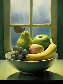 Klassiek Realistisch Stilleven: Fruit in Schaal voor Raam