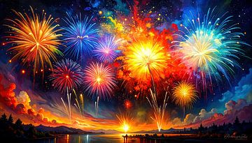 Fireworks like on New Year's Eve - a nocturnal colour storm of rainbow-coloured explosions over the lake, forest and mountains, reflected in a glowing sky full of eruptive light energy