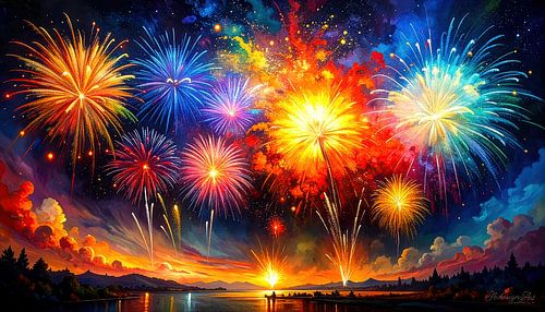 Vuurwerk zoals op oudejaarsavond - een nachtelijke kleurenstorm van regenboogkleurige explosies boven het meer, het bos en de bergen, weerspiegeld in een gloeiende hemel vol eruptieve lichtenergie