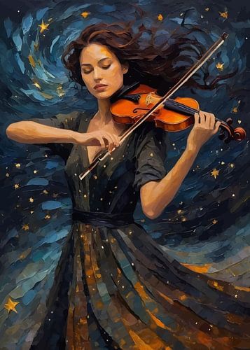Vrouw speelt viool in sterrennacht