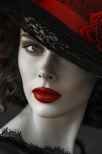vrouw met hoed en rode lippen